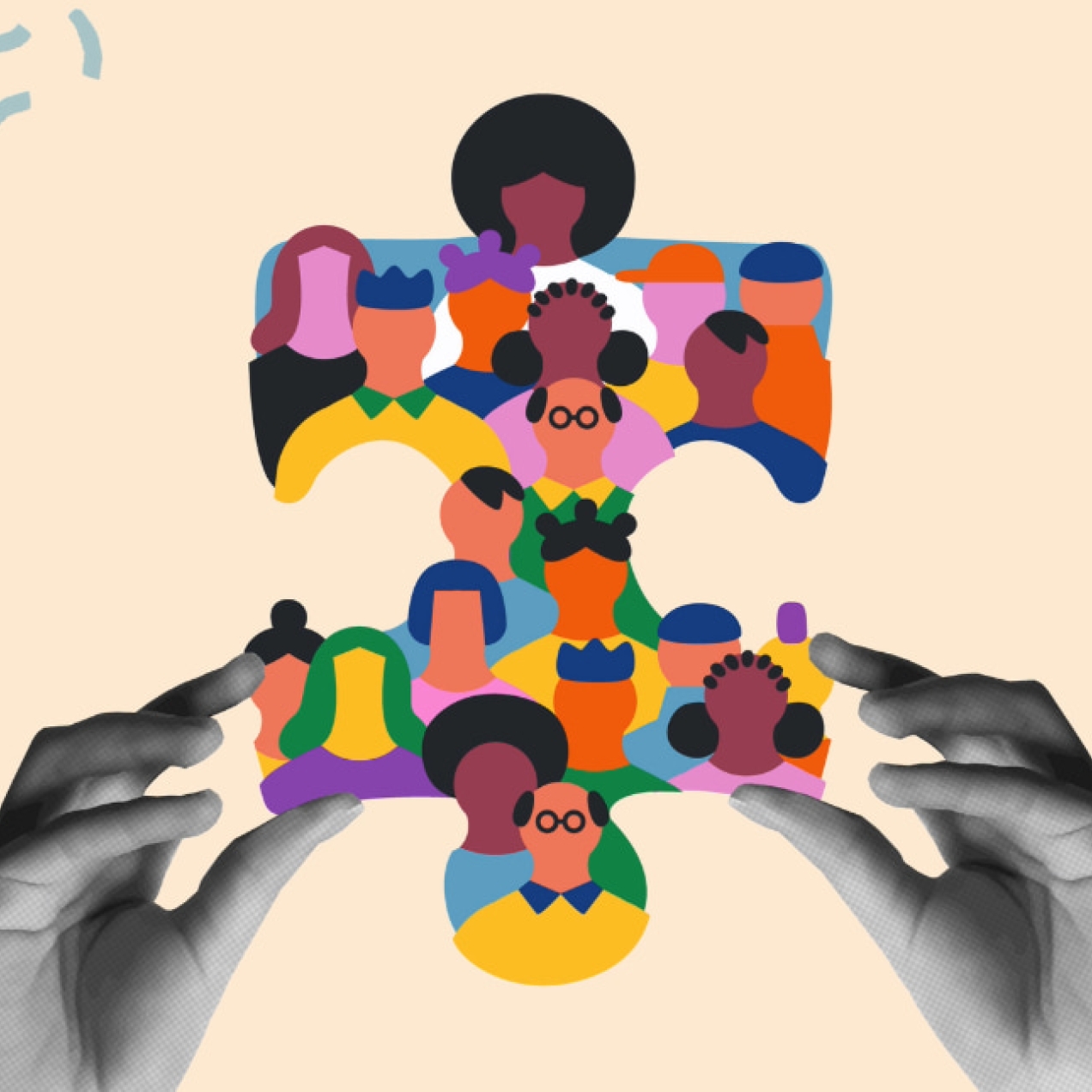 A composite image featuring a pair of white hands photographed in black and white. These are holding the multicoloured outline of a jigsaw piece made up of illustrations of different people of different gender and ethnicities.